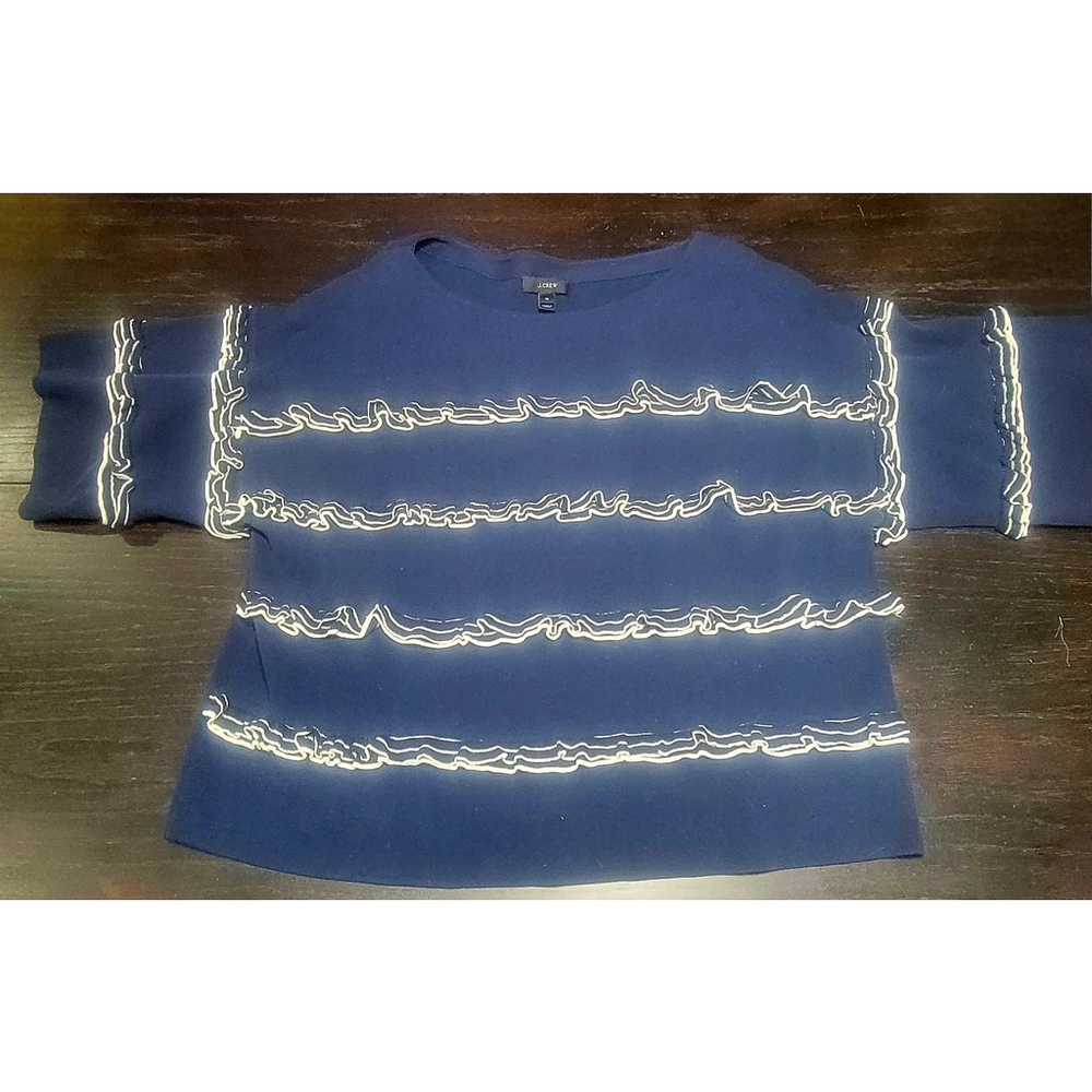 J.CREW Women's Ruffle Front Tippi Sweater Short Sleeve Navy Blue Size XL